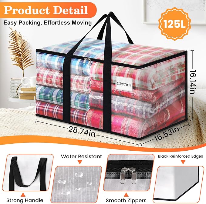 Moving Bags, Extra Large Heavy Duty Storage Bags, 125L, 8 Packs | Packing Bags with Strong Zippers & Handles, Top Opening Foldable Storage Tote for Home Organization and College Dorm Move-In