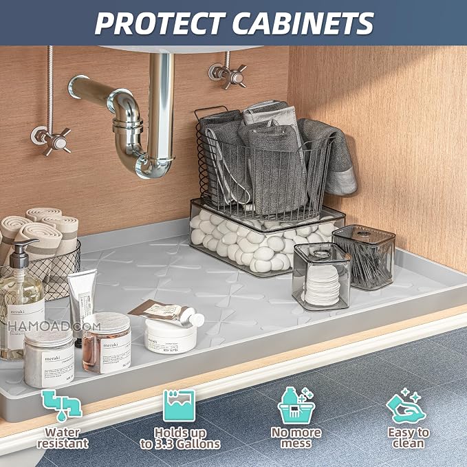 SIKADEER Waterproof Under Sink Mat Food-Grade Kitchen Shelf Liner 22" x 19" | Thick Raised Edge Cabinet Protector, BPA Free Kitchen Organizer and Storage, Non-Slip Dog & Cat Mat, Silicone Drying Mat