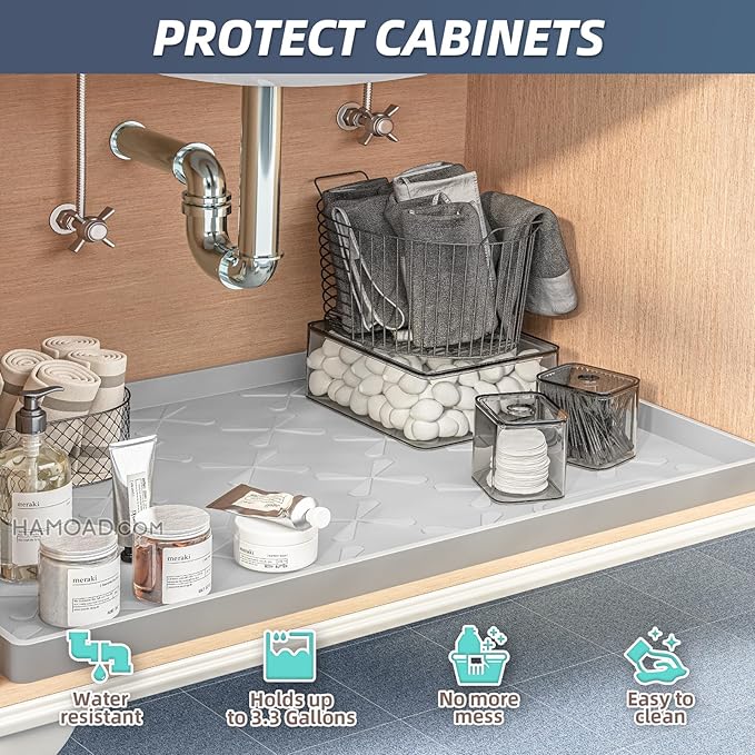 SIKADEER Waterproof Under Sink Mat Food-Grade Kitchen Shelf Liner 19" x 19" | Thick Raised Edge Cabinet Protector, BPA Free Kitchen Organizer and Storage, Non-Slip Dog & Cat Mat, Silicone Drying Mat