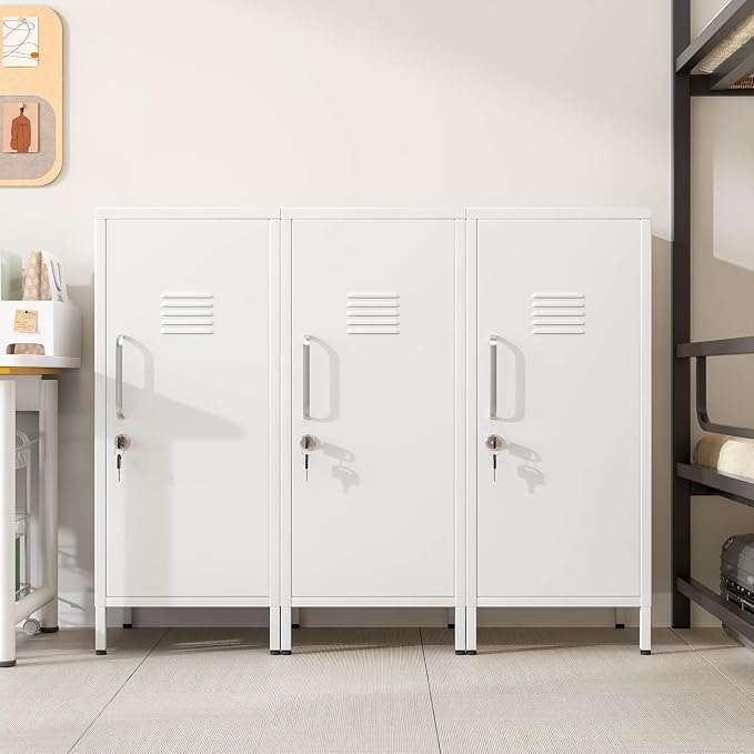 PAOFIN 35" Metal Storage Locker, Lockable Employees Metal Locker with Door and Adjustable Shelves, Steel Locker for Home, School, Office, Gym (White)