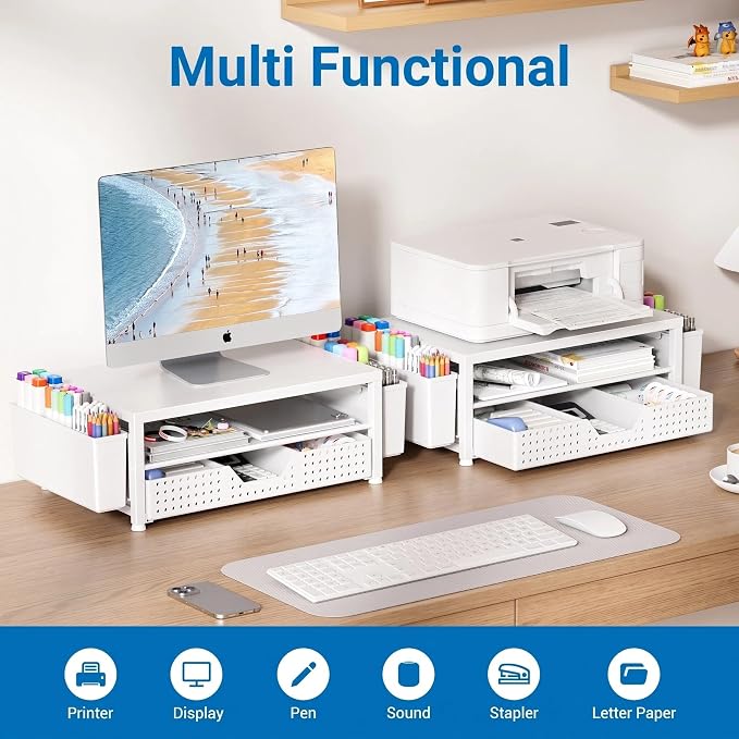 OPNICE Desk Organizers and Accessories, Computer Monitor Stand Riser with Drawer and 2 Pen Holders, Printer & Laptop Stand, Office Desk Accessories & Workspace Organizers for Home Office Supplies, White
