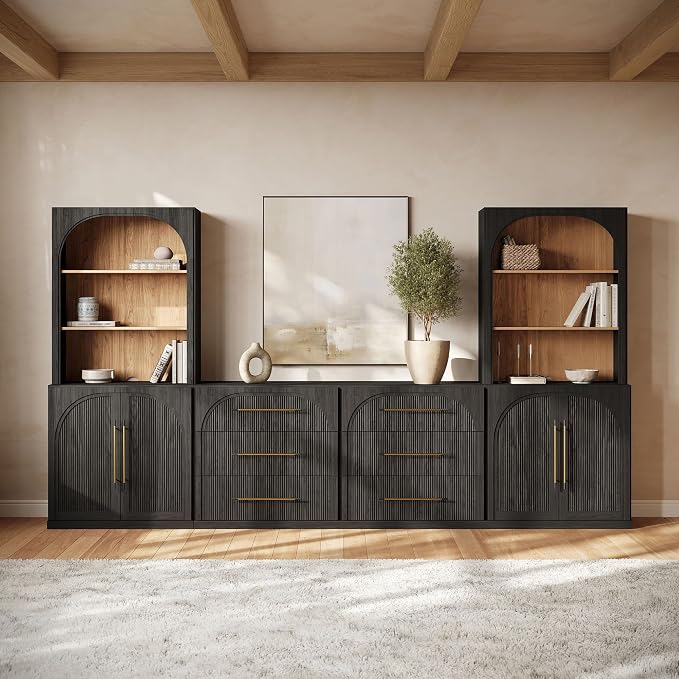 BELLEZE 6-Piece Modular TV Stand Set - 2 Double-Arc Wood Door Sideboards, 2 Sideboards with Drawers, and 2 Hutch Cabinets, Classic Modern Media Console with Adjustable Shelves for Living Room(Ebony)