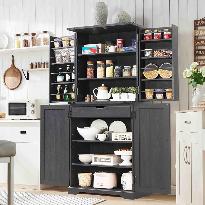 72" Tall Wooden Pantry Storage Cabinet with Door Shelves & Drawer | Farmhouse, Barn Doors, Adjustable Shelves, Freestanding, Anti-tip Kit, for Kitchen, Dining Room, Living Room