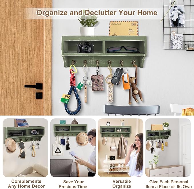 Key Holder Wall Mount with Mail Organizer, 6 Hooks & Shelf, Green | Wood Key Holder Wall Mount with 6 Key Hooks, Shelf & Storage Box and Mail Organizer for Entryway, Apartment, Home and Office