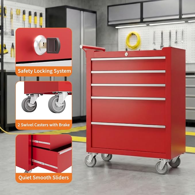 Garvee Rolling Tool Chest, 5 Drawers Tool Storage Cabinet, Toolbox with Wheels, Portable Tool Cabinet Organizer with Locking System & Drawer Liners, Tool Storage Cart for Garage, Workshop, Red