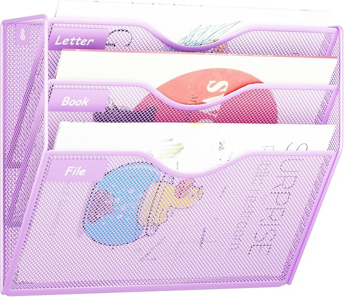 3 Pockets Hanging Wall File Organizer Mail Holder, Wall Mounted Paper Document Folder Holder, Clipboard Storage Organization Magazine Rack, Light Purple
