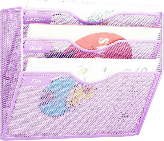 3 Pockets Hanging Wall File Organizer Mail Holder, Wall Mounted Paper Document Folder Holder, Clipboard Storage Organization Magazine Rack, Light Purple
