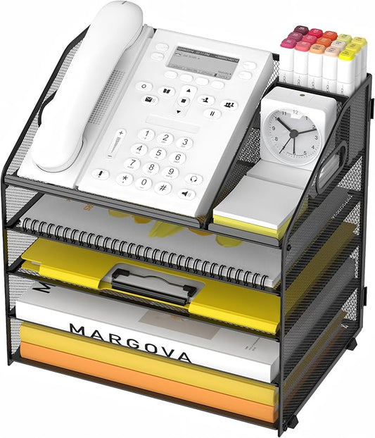 5 Tier Mesh Desk Organizer with Pen Holder and Handle Letter Tray | Metal desktop document shelf and paper sorter. Premium mesh workspace storage for office, home, and classroom