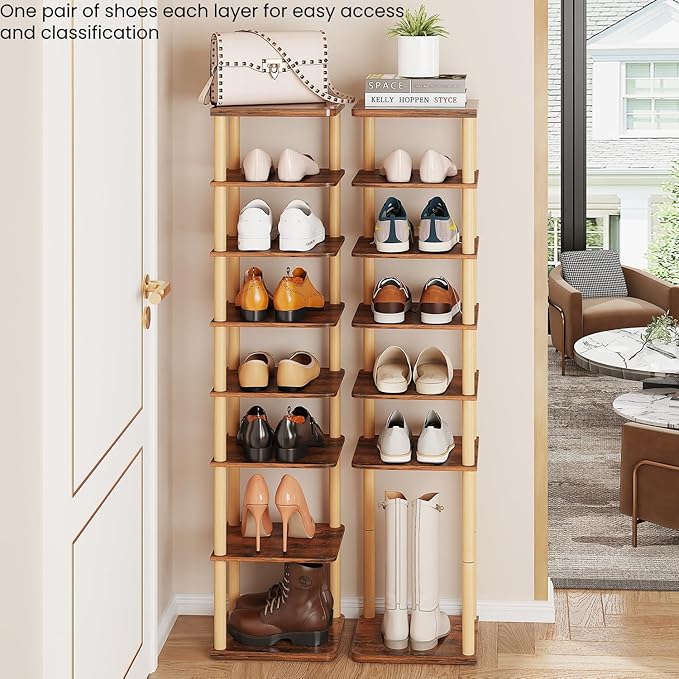 8 Tiers Vertical Shoe Rack, Tall Narrow Shoe Tower, Corner Shoe Rack, Brown | Small Shoe Organizer for Entryway, Closet, Dorm & Small Spaces, Freestanding Wooden Shoe Shelf for Boots, Sneakers, Heels.