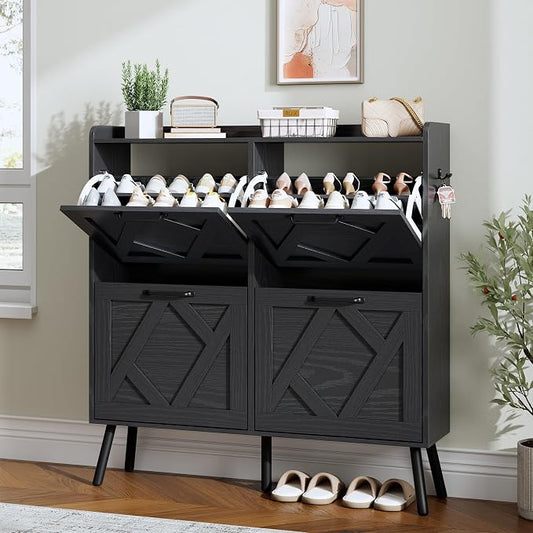 Nicetree Shoe Cabinet with 4 Flip Drawers, Hidden Shoe Rack Cabinet with Metal Legs, Farmhouse Narrow Shoe Storage Cabinet for Entryway, Foyer, Hallway, Black