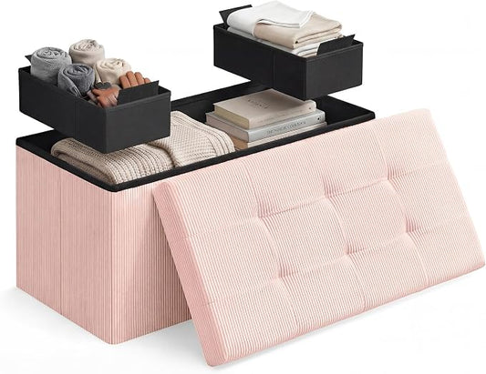 SONGMICS Home Ottoman with Storage, Removable Lid, Folding Storage Chest, Easy Assembly, for Entryway, Bedroom, Living Room, 15.2 x 30.2 x 15.2 Inches, Corduroy, Light Pink