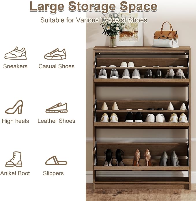 Shoe Cabinet with 3 Flip Drawers, 31.5" W Narrow Shoe Storage Cabinet for Entryway, Slim Shoe Organizer with Adjustable Shelves, Freestanding Shoe Rack for Hallway, Living Room, Walnut