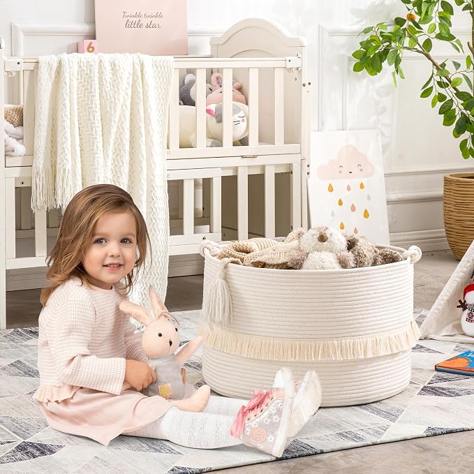 KAKAMAY Large Blanket Basket (20"x13"),Woven Baskets for storage Baby Laundry Hamper, Cotton Rope Blanket Basket for Living Room, Laundry, Nursery, Pillows, Baby Toy chest (White) | Extra Large Capacity | Natural Cotton Rope | Blanket Storage | Woven S...