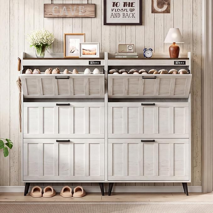 ChooChoo Shoe Storage Cabinet with 3 Flip Drawers and Deodorizer | Shoe Organizer Storage for Entryway, Freestanding Hidden Slim Narrow Shoe Rack Cabinet, Antique White & Brown