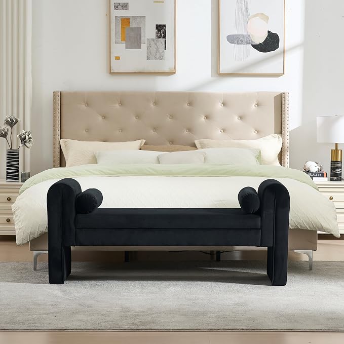 Modern Bench for Bedroom End of Bed, 60.5" Velvet Upholstered Rolled Armed Stool Bench, Sofa Ottoman Long Bench with 2 Pillows for Entryway/Bedroom/Hall (Black-60.5 Inch)
