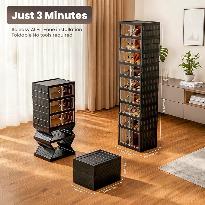 Foldable Shoe Organizer Storage Box Set of 4, Portable Extra Large Folding Shoe Rack for Closet, Shoe Storage Box with Magnetic Transparent Door and Wheels, 9 Layers 18 Grids with 2 Big Grids