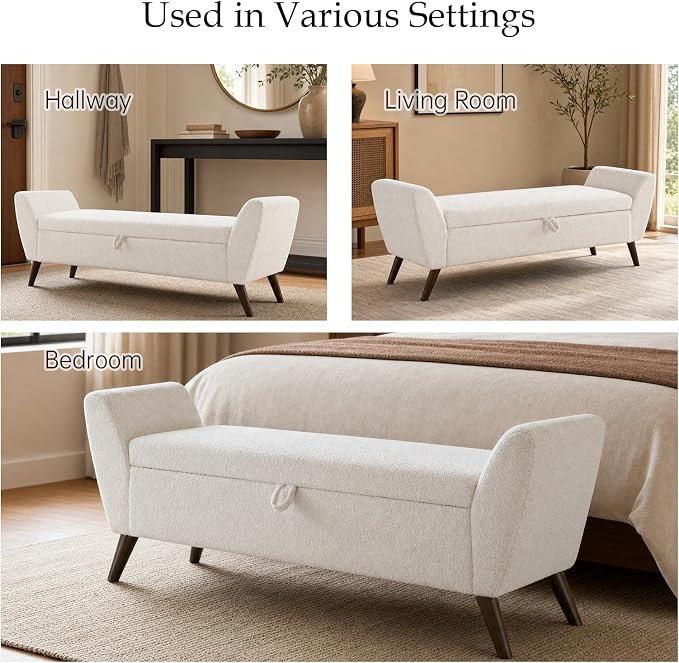 60" Storage Ottoman Bench, End of Bed Bench King Size Beige | Solid Wood Legs, Large Hidden Storage, High-Resilience Foam, Teddy Fabric