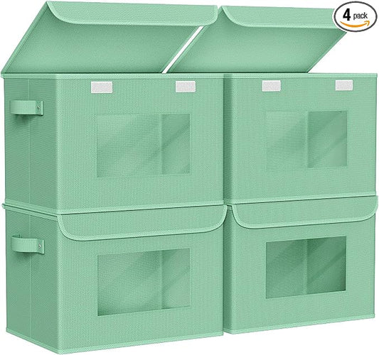 Univivi Fabric Foldable Storage Bins with Lids, 4 Pack, Green | Stackable Closet Storage Bins, Fabric Closet Organizers and Storage with Lid & Clear Window for Home, Office, Bedroom