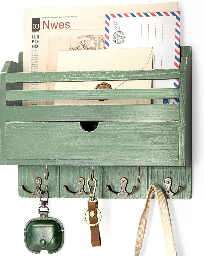 Rebee Vision Mail Organizer Wall Mount with Drawer for Home Decor, Green | Pine Wood, Key and Mail Holder for Wall, 7 Key Hooks, Drawer Organizer, Letter Sorter, Apartment Essential, Room Decor