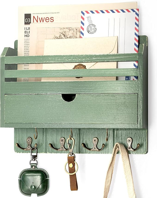 Rebee Vision Mail Organizer Wall Mount with Drawer for Home Decor, Green | Pine Wood, Key and Mail Holder for Wall, 7 Key Hooks, Drawer Organizer, Letter Sorter, Apartment Essential, Room Decor