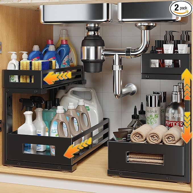 2-Pack Under Sink Organizer and Storage,2-Tier L Shape Pull Out Cabinet Organizer With Round Tube Slide Rails,Hight Adjustable Slide Out Drawers for Kitchen&Bathroom,Multi-Purpose Shelf-Black