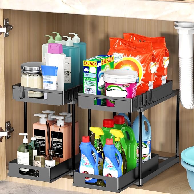 2 Pack Under Sink Organizer with Double Pull-Out Drawer, Black | 2-Tier Cabinet Storage, Kitchen & Bathroom, Tool-Free Assembly, Fits Cleaning Supplies & Toiletries, Space Saving