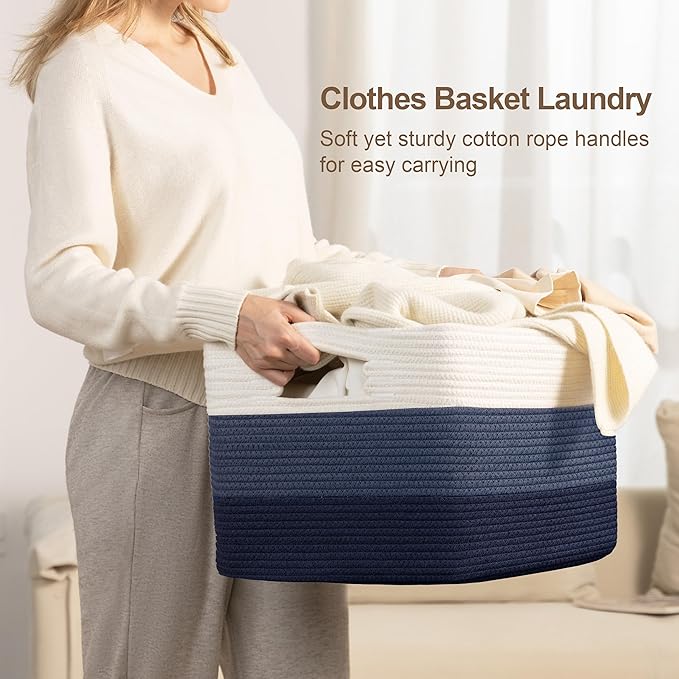 60L Woven Laundry Basket Hamper with Handles, Gradient Blue | collapsible wicker hamper, storage for dirty clothes, toys, blankets, gifts, living room, bedroom, bathroom, 21"x15"x11"