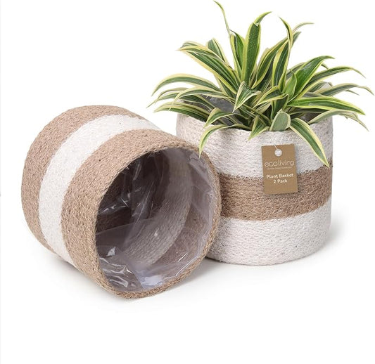 Jute Small Plant Pots Set of 2, 6.5 inches- White & Natural Jute | Jute Planter Basket-Woven Rope Covers for Decorating Indoor/Outdoor Succulents Multi-Purpose Storage Bins Modern Style Decor