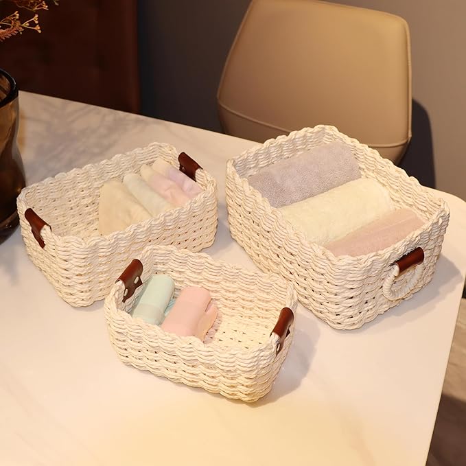 Small baskets for Organizing,Cute woven Storage basket with recycled paper rope for Shelves Bathroom,Little decorative basket,Set of 3 (Beige)
