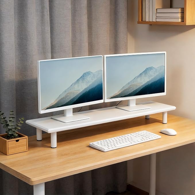 Bamboo Dual Monitor Stand Riser, White Desk Shelf with Storage | 39.37-Inch Wide, 3.5-Inch Clearance, Fits Keyboards, Soundbars and Two 24-Inch Monitors for Home Office