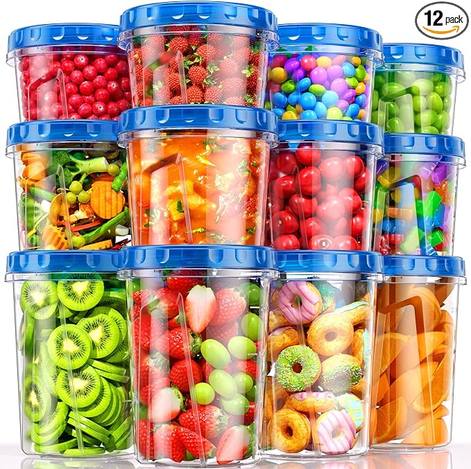 BiuLeon [12 Pack-34/24/17oz Freezer Storage Containers with 3 Different Sizes, Plastic Soup Containers with Lids, BPA-Free Food Storage Containers with Twist Top Lids, Reusable Meal Prep Containers