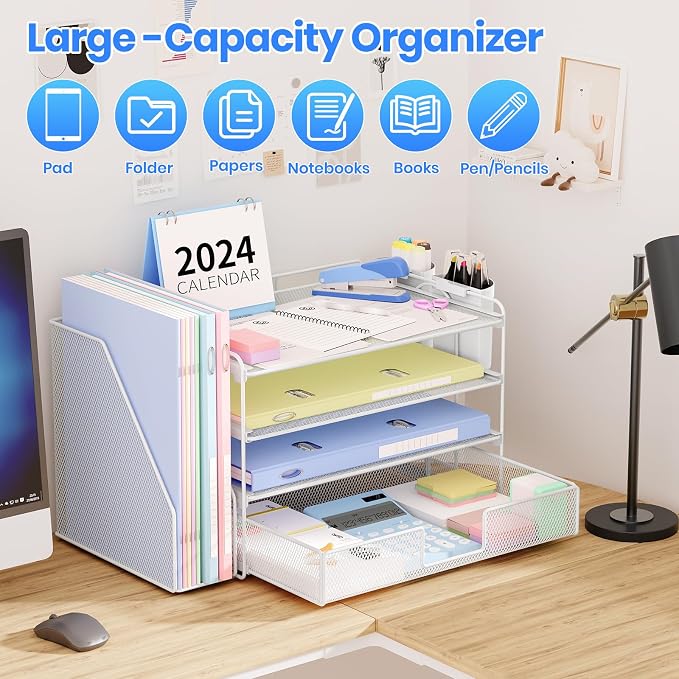 OPNICE Desk Organizer, 4-Tier Desktop File Organizer with Drawer and Pen Holders, Office Desk Accessories, File Sorters, Workspace Organizers for Office Supplies(White)
