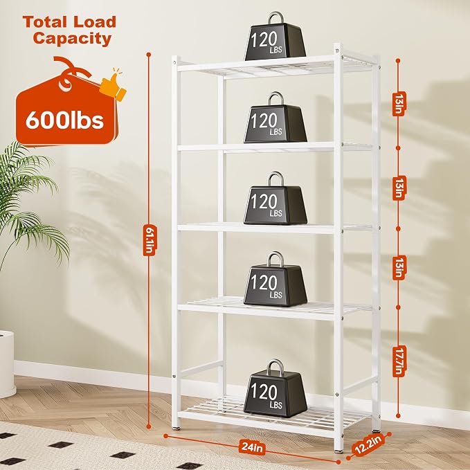 Storage Shelves, 5-Tier Metal Shelving Unit with 120 lbs Per Shelf, Leveling Feet, Storage Rack for Garage, Kitchen, Pantry, Closet, 24" x 11.8" x 61.1", White