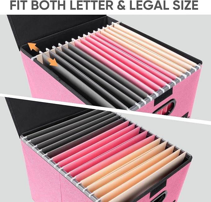 BALEINE File Organizer Box with Lid, Collapsible File Folder Organizer with Plastic Slide, Hanging File Folder Box for Office Document Storage (2 Pack, Pink)