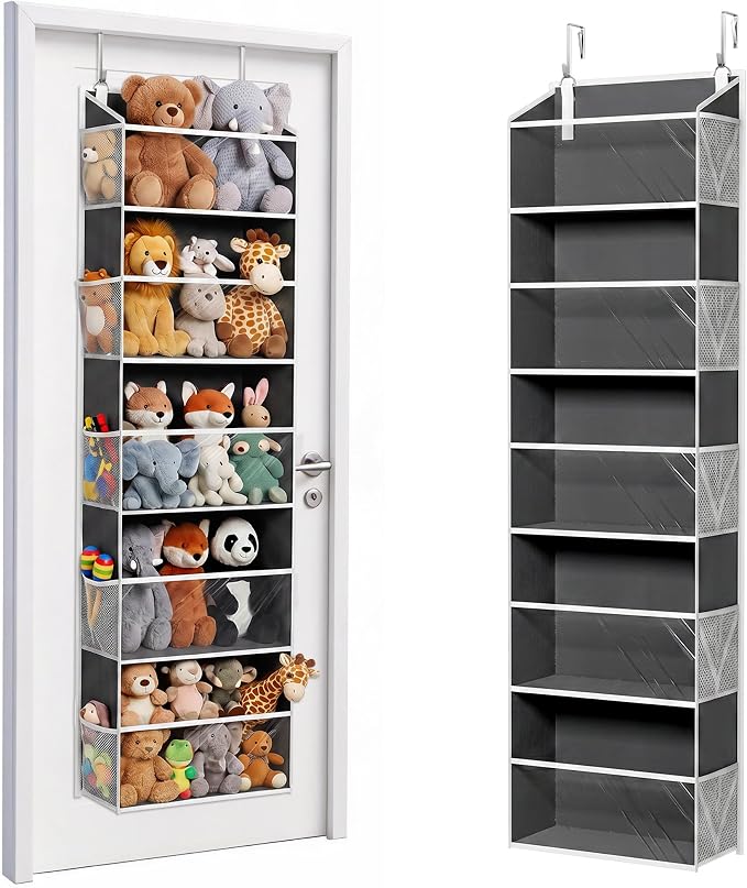 ULG Stuffed Animal Organizer Over the Door, Large Hanging Plush Toy Storage with Mesh Window, Cotton Kids Toy Organizer for Bedroom, Nursery, Playroom & Baby Items Dark Grey