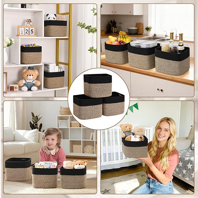 3 Pack Cube Storage Bin, 9”x9”x7” Cotton Rope Woven Baskets for Organizing Toys Clothes Towels, Square Gift Storage Baskets for Shelves, Nursery, Closet, Bathroom, Pantry (Black & Brown)