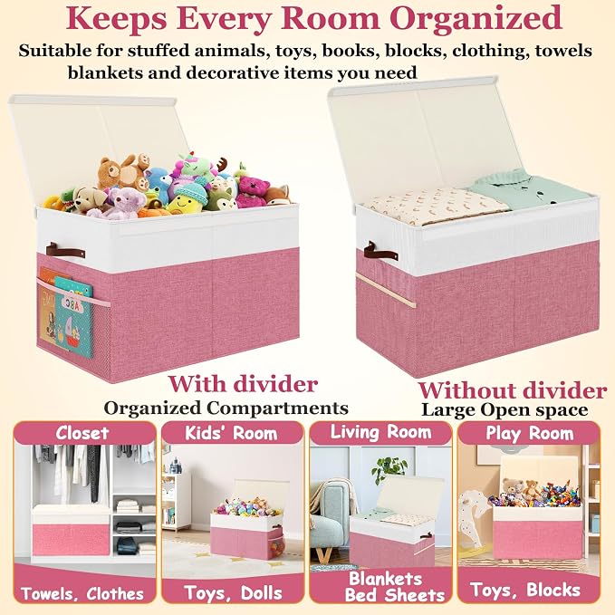 Large Toy Storage Box with Lid Upgraded Toy Storage Chest Organizer with Divider Foldable Toy Bin for Kids Boys Girls Playroom Nursery Bedroom (25"x13"x16")
