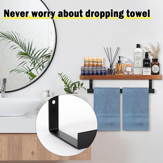 Hand Towel Holder/Towel Ring with Wooden Shelf, Hand Towel Rack, Hand Towel Hanger for Bathroom, Bath Accessories Wall Mounted, (Matte Black, 12"-Squ Shaped)