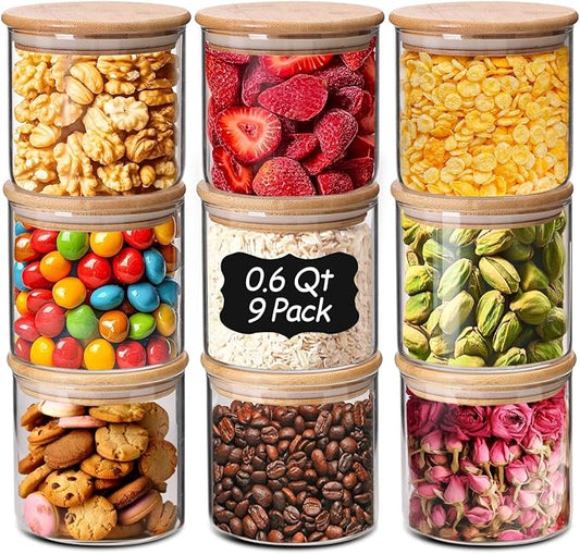 ComSaf Glass Storage Containers With Lids 0.6 Qt, 9 Pack Small Glass Jars | Small Glass Containers, Spice Jar 20oz, Snack Station Organization, Coffee Bar Organization, Size For Subpackage, BPA Free