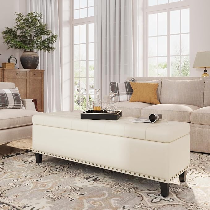 FiveWillowise 51 Inch Storage Ottoman Bench,Large End of Bed Storage Bench | Faux Leather Ottoman with Storage,30 Gallons,Upholstered,with Nailhead Trim,Legs,for Bedroom,Living Room,Entryway,Cream White
