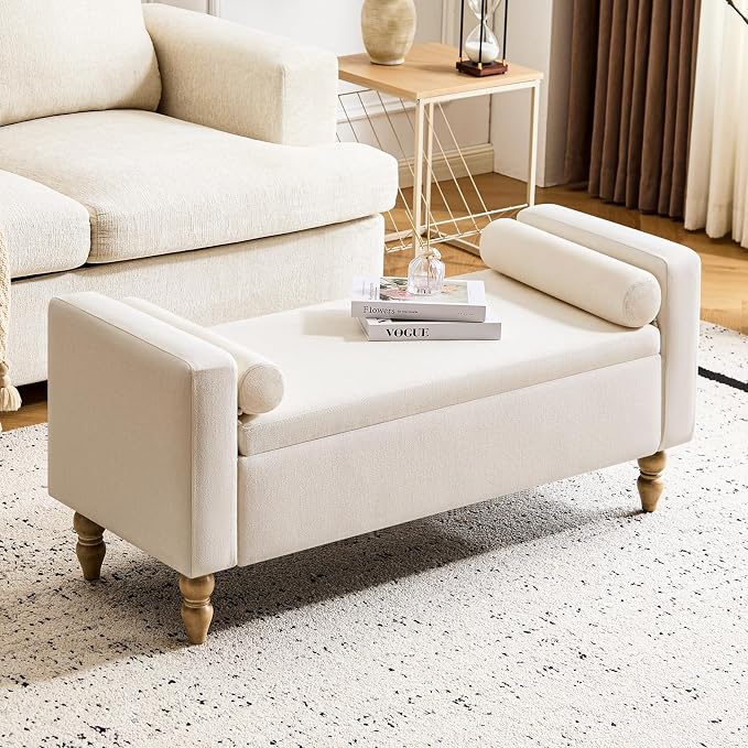 Large Storage Ottoman Bench, 45.7" Linen Upholstered Entryway Bench with Solid Wood Legs, End of Bed Bench, Shoe Bench, Ottoman Storage Chest for Bedroom/Living Room/Entryway,Beige