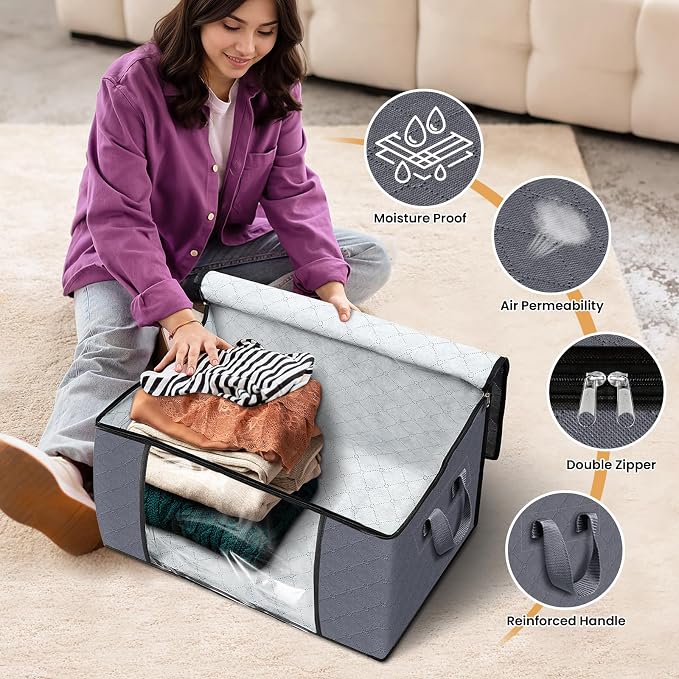 Fab totes Storage Bags,Clothes Blanket Storage Bins Foldable Closet Organizers with Reinforced Handle for Home Dorm Storage and Organization,Fabric Bags for Organizing Sheets,Clothing (Grey,3 Pack)