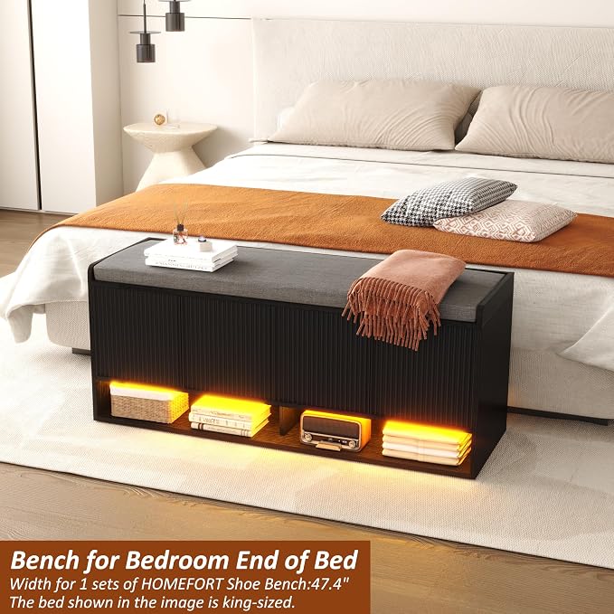 HOMEFORT 47.2" Fluted Shoe Storage Bench, Entryway Bench with Linen Seat Cushion, Shoe Cabinet Bench with Adjustable Shelf and Built-in LED Sensor Light, Bench for Bedroom End of Bed, Black