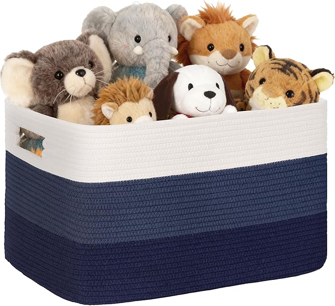 60L Woven Laundry Basket Hamper with Handles, Gradient Blue | collapsible wicker hamper, storage for dirty clothes, toys, blankets, gifts, living room, bedroom, bathroom, 21"x15"x11"