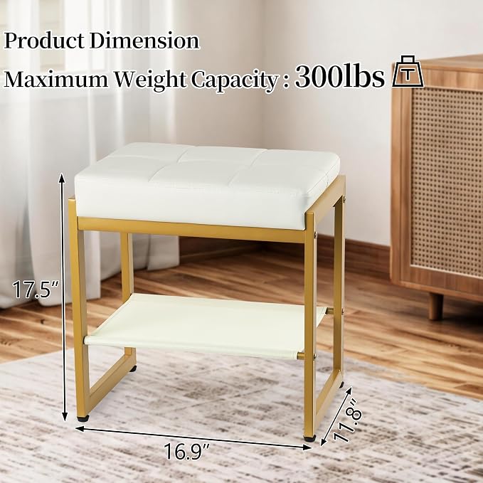 White Gold Vanity Stool, Vanity Chair Stools with a Lower Storage Shelf, Faux Leather Upholstered Ottoman Bench for Bedroom, Living Room, Modern Metal Legs Makeup Chairs