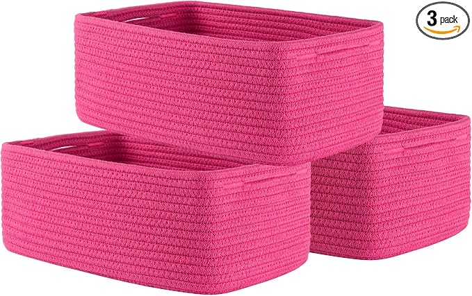 KALLAX Small Woven Storage Basket for Organizing, 13.5x9.5x5 inches, 3 Pack | Shelf baskets for closet organization, toy storage and home decor, Perfect as empty gift baskets for holidays, Hot Pink