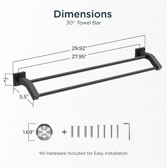 FORIOUS Double Towel Bar 30 Inch, Bathroom Towel Rack Square Matte Black | Heavy Duty Towel Racks for Bathroom Bedroom, Space Saving, Rustproof, Stainless Steel Towel Holder, Total Length 32 Inch