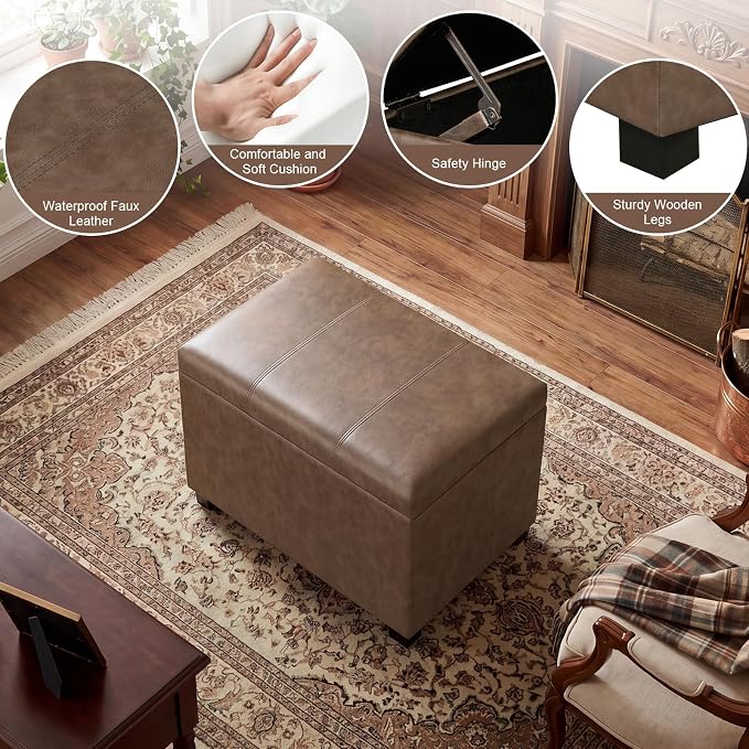 24" Leather Storage Ottoman Bench, Rectangle Foot Rest Stool for Living Room, Bedroom, Entryway, Earthy Light Brown Veining