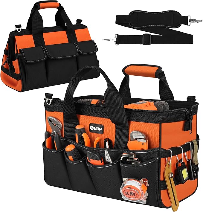 UUP 15" Heavy Duty Tool Bag, 16-Pocket Tool Box Organizer Orange | 16 Pockets & MOLLE. Detachable Strap & Handle. Non-slip Base, Metal Buckle. 30lb Holds Tools on Truck, Garage, Men Gift.