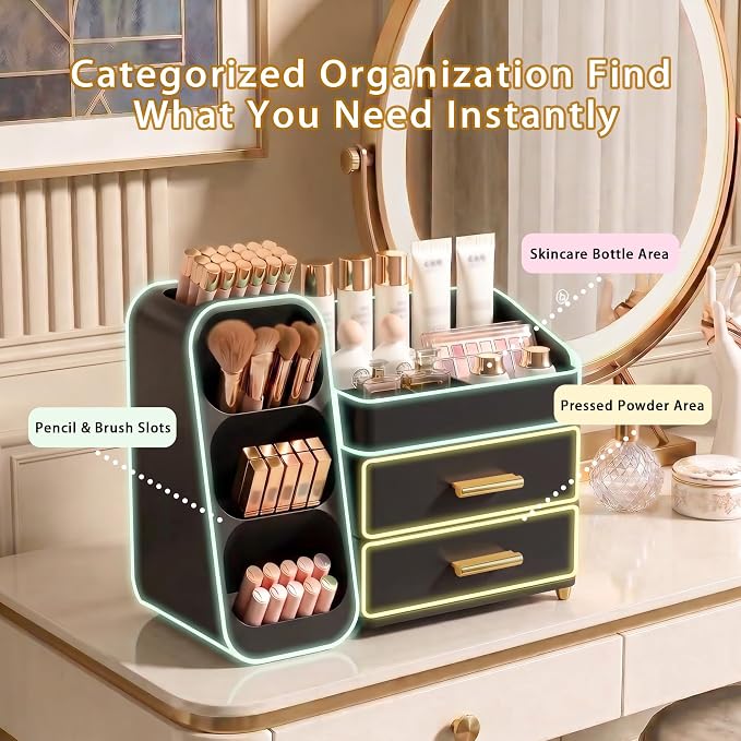 Large Capacity Makeup Organizer Countertop with Makeup Brush Holder for Vanity, Thickened Material, Bathroom Countertop Organizer Skin Care Perfumes Storage, Teen Girl Gifts for 12-23 Year